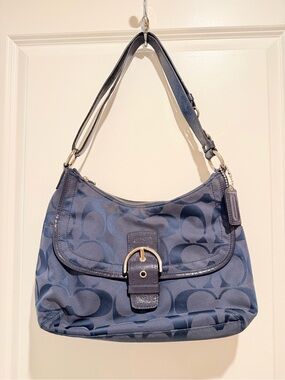 Coach Navy Signature Canvas Shoulder Bag with Buckle Accent